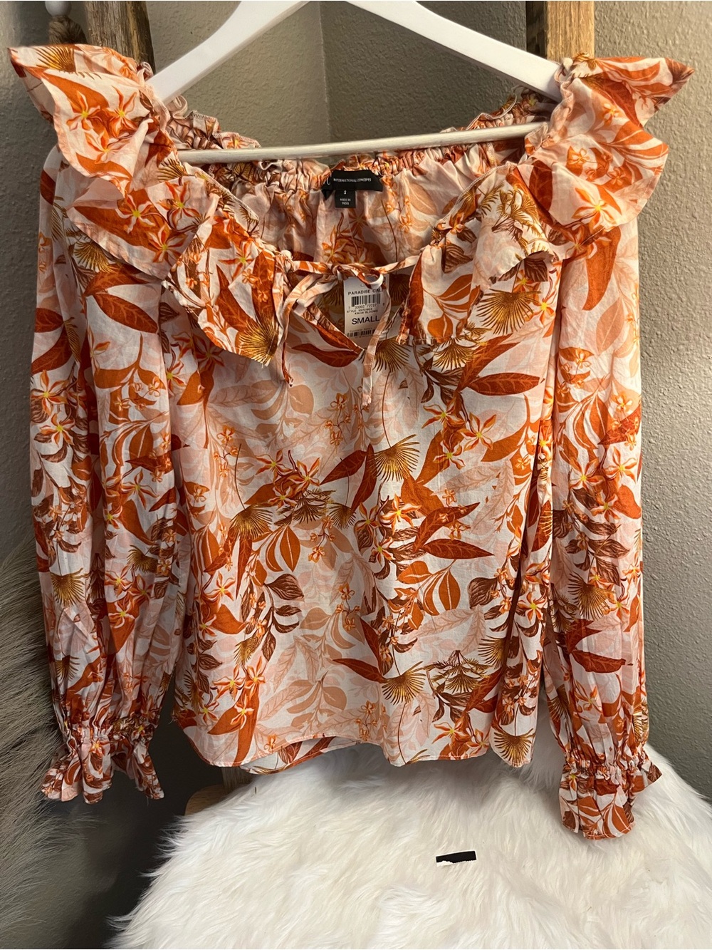 INC International Concepts Orange Floral Ruffle Off-Shoulder Blouse